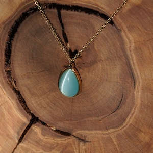 Golden necklace with pendant with Aqua Chalcedony, stainless steel jewelry, 316 L stainless steel with 18k gold plating