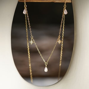 Gemstone necklace gold made of 925 silver 14k gold plated with gold stars with zirconia and pink zirconia drops, fine necklace