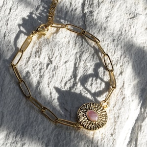 Bracelet women with coin pendant, gemstone bracelet with rose quartz made of 316 L stainless steel with 18 K gold plated, stainless steel jewelry