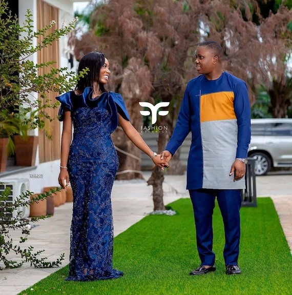 Nigerian Traditional Couple Dress, Pre Wedding Shot, Navy Blue Couple Outfit,  Couple Wedding Party Outfit, Thanksgiving Couple Outfit 