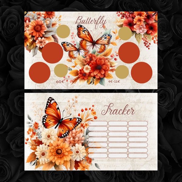 Butterfly und Floral Rubbel-Sparchallenge / beidseitig bedruckt / Tracker auf der Rückseite / in A6 Format / 250 mg Papier