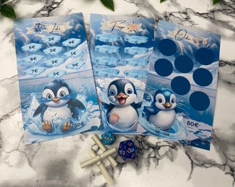 Penguin - Scratch challenge, raffle/dice and savings challenge incl. tracker on the back / for A6 zip pockets / 250 mg paper