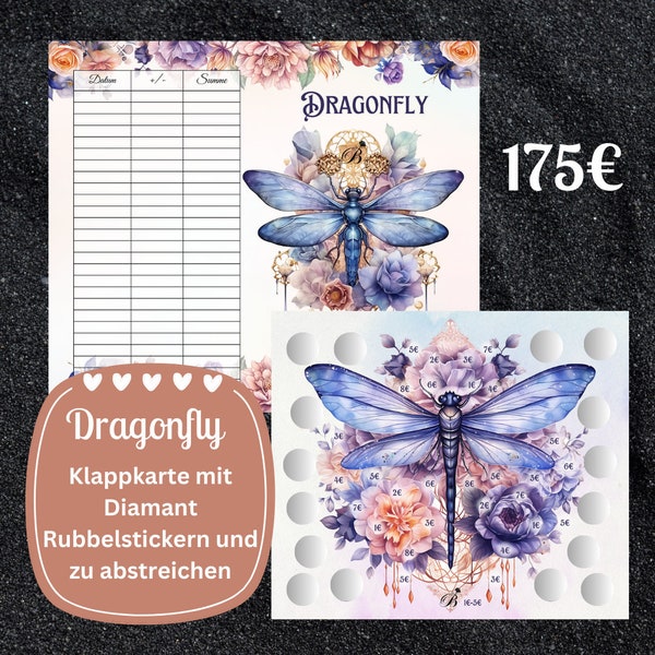 Dragonfly Klappkarte / Sparchallenge zum Rubbeln und sparen / für A6 Zippertaschen