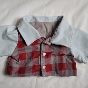 Puede incluir: Una camisa en miniatura con un patrón de cuadros rojos y grises en la parte delantera, mangas azul claro y un cuello azul claro. La camisa tiene tres botones blancos en la parte delantera.