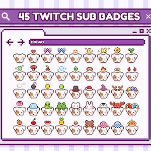 Op de afbeelding: Digitale illustratie van 45 Twitch sub-badges. Elke badge toont een gepixelde hondenkop met diverse accessoires. De tekst "45 TWITCH SUB BADGES" staat bovenaan. Het ontwerp is in paarse en witte tinten.