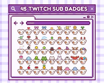 Insignias de suscripción con caritas de cachorros para Twitch / Pixel Art / Insignias de bits / Puntos de canal / Adorables estilo kawaii / Perros con sombreros / Corazón / Estrella / Corona