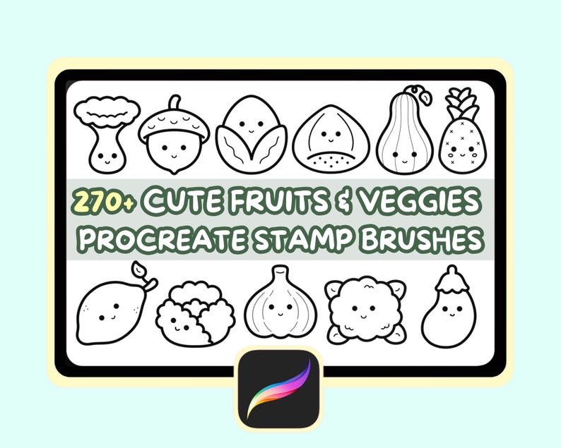 270+ Procreate Cute Fruits & Veggies Stamp Brushes | Kawaii Doodles ...