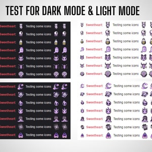 Puede incluir: Una captura de pantalla de una pantalla de computadora que muestra una prueba para el modo oscuro y el modo claro. La pantalla muestra una lista de iconos con el texto "Sweetheart" y "Testing some icons" junto a cada icono.