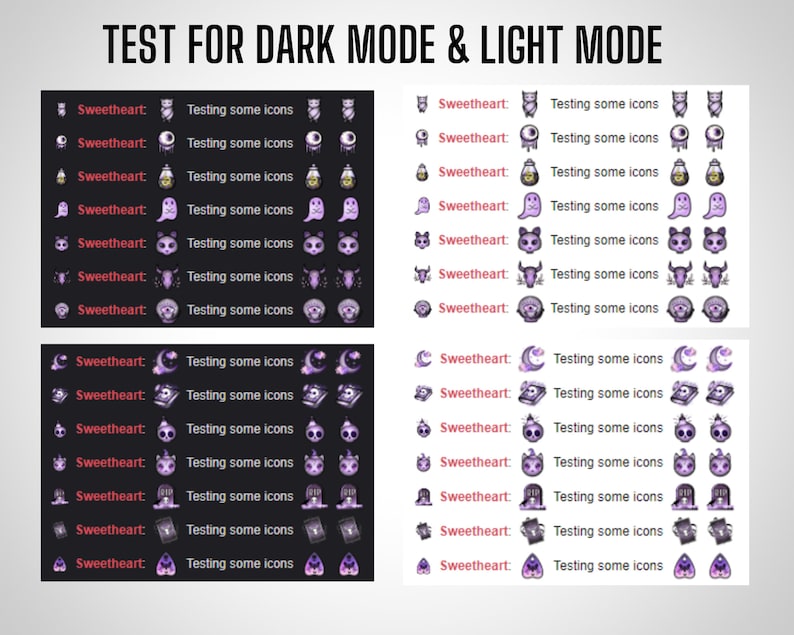 Puede incluir: Una captura de pantalla de una pantalla de computadora que muestra una prueba para el modo oscuro y el modo claro. La pantalla muestra una lista de iconos con el texto "Sweetheart" y "Testing some icons" junto a cada icono.