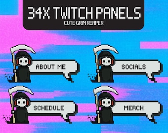 34X Pixel Halloween Cute Grim Reaper Twitch Panels | Scary | Skull | Dark Aesthetic | 8-bit