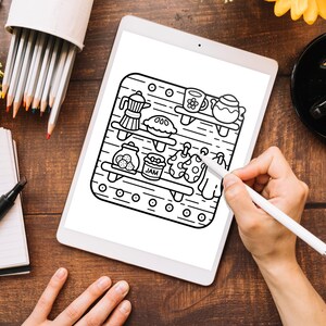 May include: A black and white line drawing of a shelf with various items on it, including a teapot, a coffee pot, a jar of jam, a pie, and a jar of cookies. The shelf is made of wood and has a simple design. The drawing is on a white background.