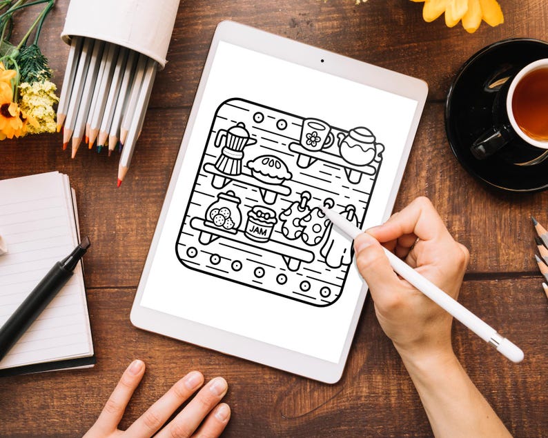 May include: A black and white line drawing of a shelf with various items on it, including a teapot, a coffee pot, a jar of jam, a pie, and a jar of cookies. The shelf is made of wood and has a simple design. The drawing is on a white background.