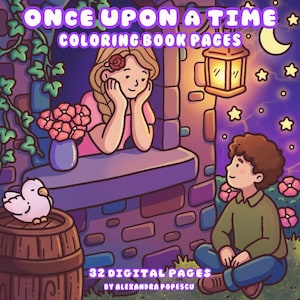 May include: Digital coloring book cover with the text "Once Upon a Time Coloring Book Pages." The illustration features a princess, a prince, a bird, and a lantern. The image has a purple and blue color scheme with stars and flowers.