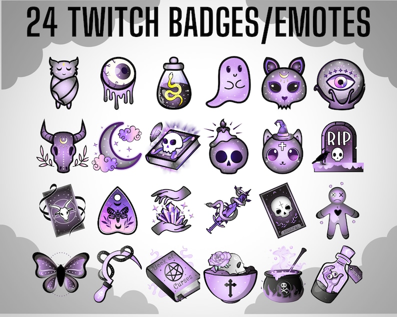 Puede incluir: Conjunto de 24 insignias y emoticonos de Twitch de color morado y blanco con temas de miedo y brujer&iacute;a. Los emoticonos incluyen una calavera, un fantasma, un gato, una botella de poci&oacute;n, una luna creciente, una mariposa, un libro, un cristal, una guada&ntilde;a, un caldero y una mu&ntilde;eca vud&uacute;.