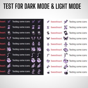 Puede incluir: Una comparaci&oacute;n de los mismos iconos en modo oscuro y modo claro. Los iconos son morados y blancos e incluyen una calavera, una mariposa, una mu&ntilde;eca vud&uacute;, un libro, una botella de poci&oacute;n y un caldero. El texto "Sweetheart: Testing some icons" se repite 12 veces.