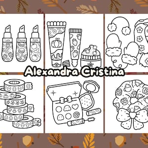 May include: Black and white line art illustrations of various items, including a set of lip gloss tubes labeled "Pumpkin", "Latte", "S'mores", and "Apple", a makeup palette with a bow, a wreath with a bow, a set of lip gloss tubes with a pumpkin and strawberry design, a hat and scarf, and a stack of washi tape rolls with various designs.