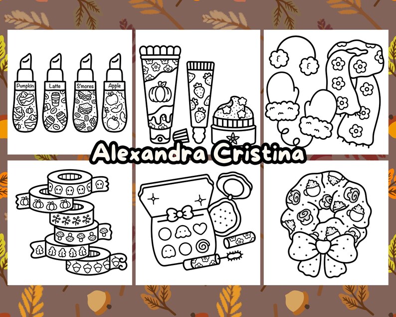 May include: Black and white line art illustrations of various items, including a set of lip gloss tubes labeled "Pumpkin", "Latte", "S'mores", and "Apple", a makeup palette with a bow, a wreath with a bow, a set of lip gloss tubes with a pumpkin and strawberry design, a hat and scarf, and a stack of washi tape rolls with various designs.