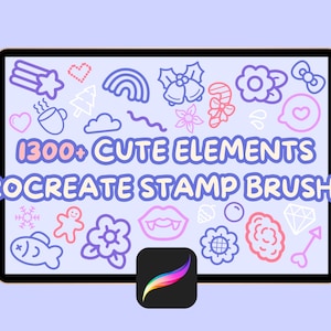 1300+ pennelli per timbri Procreate Cute Elements / Scarabocchi Kawaii / Natale, Fiori, Stelle, Nuvole, Scintille, Animali, Retro, Cibo, Cuore