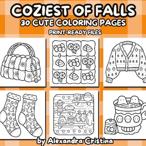 May include: A set of 30 printable coloring pages featuring cute fall-themed illustrations. The images include a patchwork purse, a sweater, a pair of socks, a shelf with fall decor, and a mug of hot chocolate.