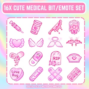 16 insignias de subbits con forma de corazón de ángel y kit médico rosa kawaii para Twitch, YouTube, Discord y megapack.