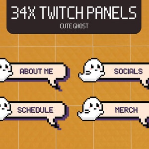 May include: Four Twitch panels with a cute ghost design. The panels are labeled "About Me", "Socials", "Schedule", and "Merch".