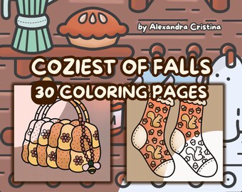 May include: A set of 30 coloring pages with a fall theme. The pages feature illustrations of a pumpkin pie, a basket with flowers, and a pair of socks with squirrels. The title of the set is "Coziest of Falls 30 Coloring Pages".