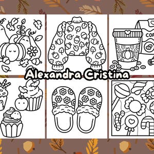 May include: A black and white coloring page with a variety of autumn-themed images. The images include a pumpkin, a pear, a sweater, a coffee cup, a pair of slippers, and a variety of candies.
