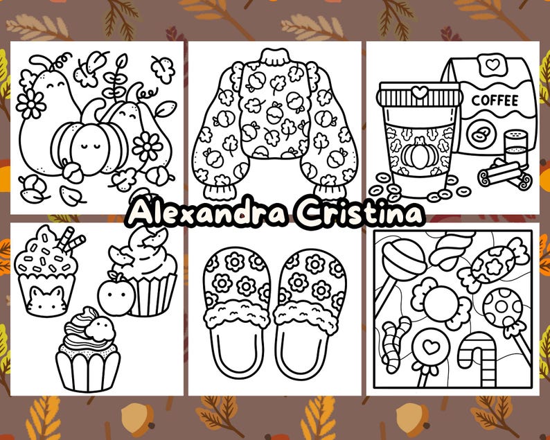 May include: A black and white coloring page with a variety of autumn-themed images. The images include a pumpkin, a pear, a sweater, a coffee cup, a pair of slippers, and a variety of candies.