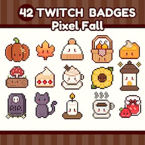 Może przedstawiać: Zestaw 42 odznak Twitch w stylu pixel art z motywem jesiennym. Odznaki obejmują dynię, liść klonu, czapkę, kosz z dyniami, kawałek ciasta, grzyb, kota, świecę, filiżankę kawy i słoik dżemu. U góry znajduje się tekst "42 Twitch Badges Pixel Fall".