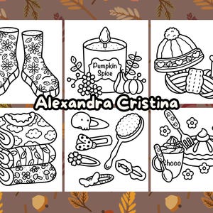 May include: A black and white coloring page with a variety of fall-themed images, including a pair of rain boots, a pumpkin spice candle, a knitted hat and yarn, a stack of socks, hair clips, a hair brush, a cup of hot chocolate with whipped cream, and a slice of pie.