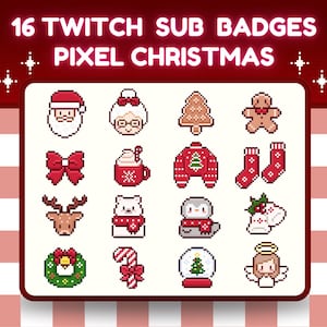 Pode incluir: Uma coleção de 16 emblemas de subscrição do Twitch com tema natalino em pixel art. Os emblemas incluem o Pai Natal, a Mãe Natal, um homem de gengibre, uma árvore de Natal, uma rena, um laço, uma caneca de chocolate quente, um suéter, meias, uma coroa, uma bengala de doces, uma bola de neve e um anjo.