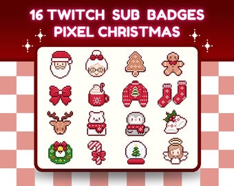 16 insignias navideñas pixeladas para suscriptores de Twitch (paquete para streams) / Emoticonos / Clima frío y acogedor / Festivo / Navideño / Lindo Papá Noel invernal