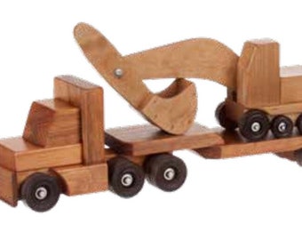 Low Boy w/ Excavator, toy truck, wooden truck, wooden toys, 18 wheeler
