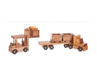 Skid Truck w/ Fork Lift, Wooden Tractor Trailer, Wooden Truck, Truck, Semi Truck, Construction Toy, Tractor Trailer, 18 Wheeler