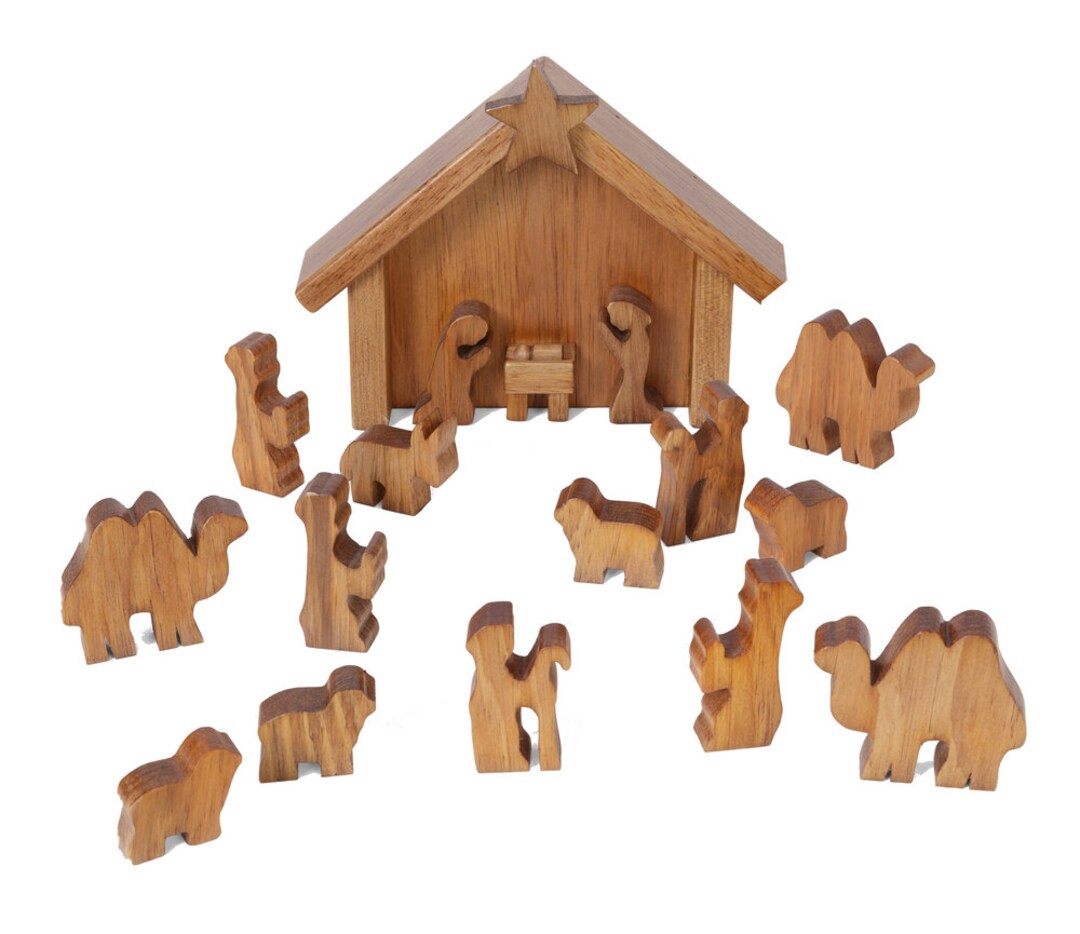 Amish Made Wooden Nativity Set, Manger Scene, 14 Pieces, Crèche