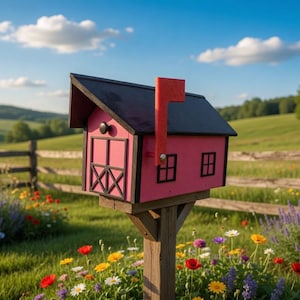 May include: A pink wooden mailbox with a black roof and a red flag stands on a wooden post. The mailbox has two small windows and decorative black crossbars. The scene is set in a field of wildflowers with a wooden fence and a blue sky.