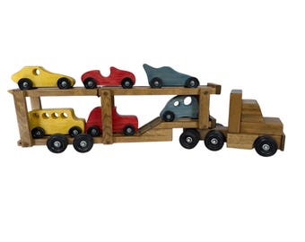 Wood semi truck with car carrier and 6 cars, Wooden Truck, Truck, Semi Truck, 18 wheeler, Toy Truck