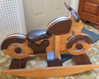 Toddler rocking horse Motorcycle SOLID OAK rocker with faux leather seat, motorcycle rocker, birthday gift, Easter gift,
