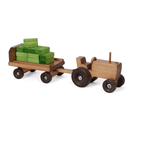 Amish made wooden tractor wagon w/ hay bales, Toy Tractor, Tractor Toy, Farm toys