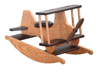 Amish made Rocking Horse Airplane SOLID OAK biplane rocker with working propeller & faux leather seat, Airplane Rocker, rocking horse
