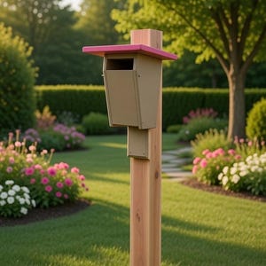 May include: A wooden birdhouse with a pink roof and a tan body is mounted on a wooden post. The birdhouse is in a garden setting with green grass, flowering plants, and trees in the background.