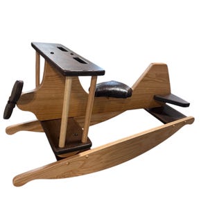 Amish made Rocking Horse Airplane SOLID OAK biplane rocker with working propeller & faux leather seat, Airplane Rocker, rocking horse