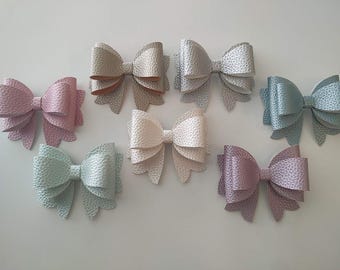Pastel Faux Leather Hair Bow: Silver Barrette Clip