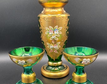 Tre Fuochi Bohemian Green Crystal vase and  2x candleholders enamelled flowers and 24K gold decor.  Czech VTG &lt;2000