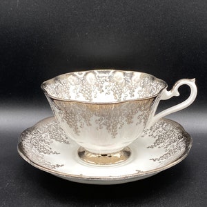 Royal Albert Teacup & Saucer: White Bone China, Siver Grapes ,Avon Shape, VTG 1970s UK