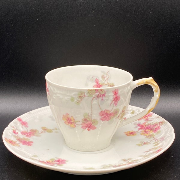 GDA Haviland demi-tasse tea cup and saucer,white porcelain, pink and green floral decor, gold handle.  Vintage c 1941 Limoges, France
