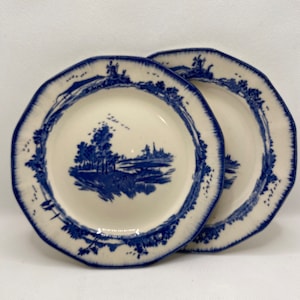 May include: Two white ceramic plates with a blue and white windmill scene. The plates have a scalloped edge and are in good condition.