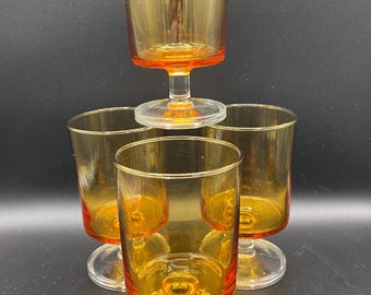 Luminarc Footed Glasses x4 short stem, straight sides, amber gold with clear base.   VTG 1970&#39;s France.