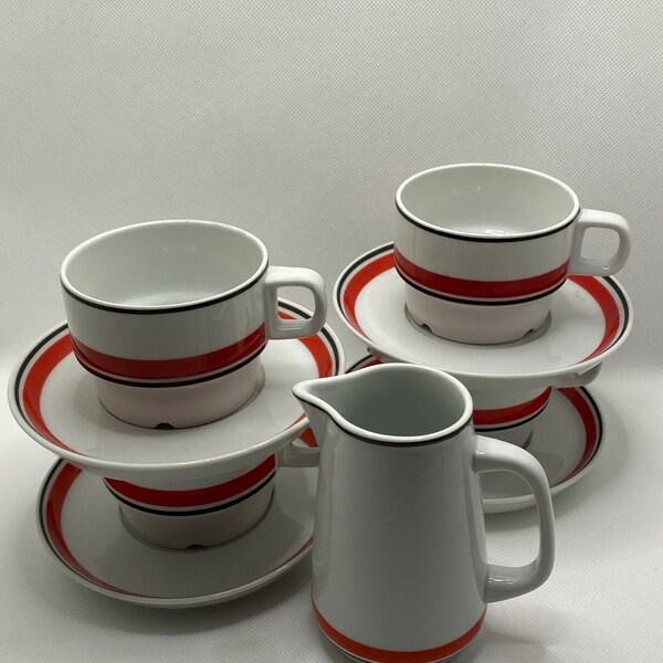 Ikea 4x cup/saucer + milk jug, "Spal Portugal" red, white, black, VTG 1970's Sweden Rare