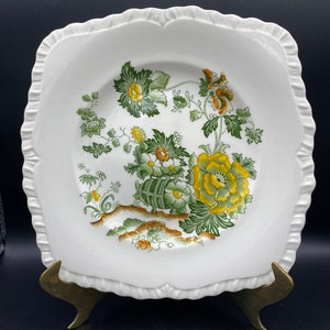 Mason&#39;s Ironstone Square Plate &quot;Henley&quot; fluted rim yellow orange green oriental design floral overpainted transfer ware Vintage 1923-40 UK
